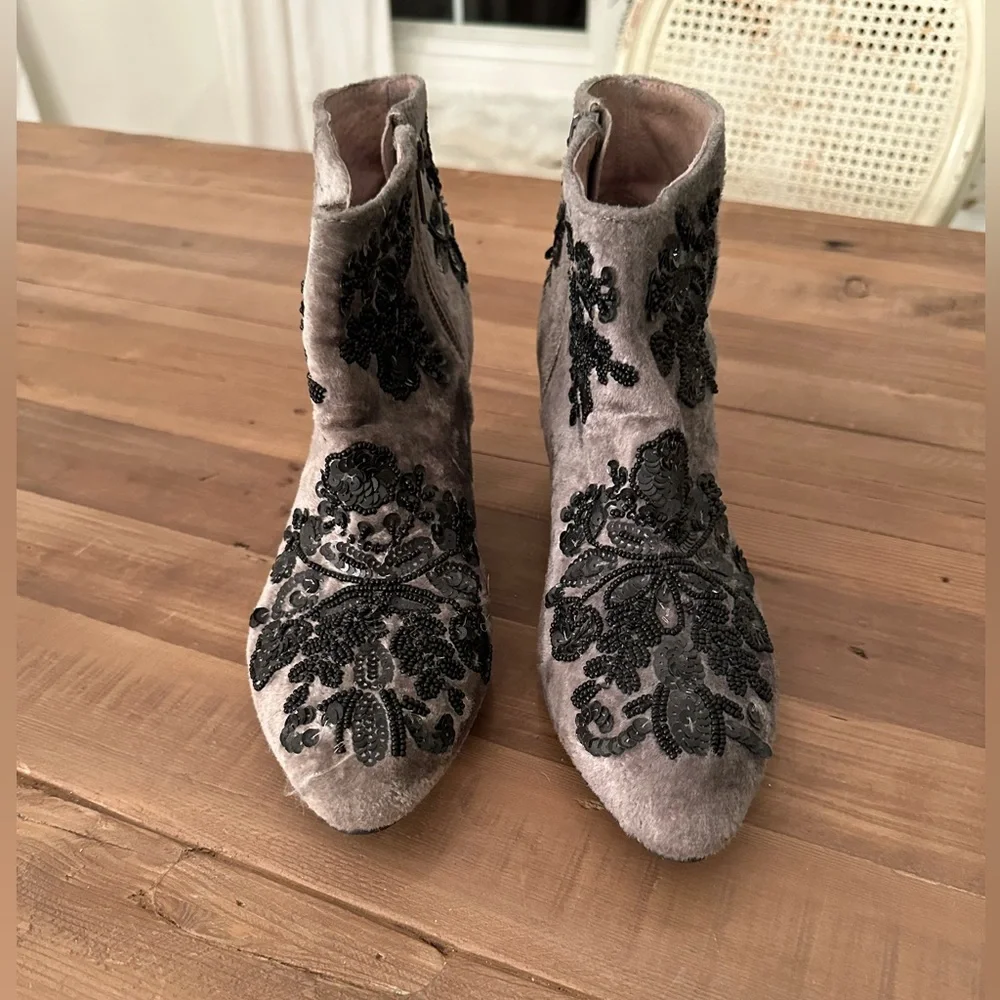 Free People Gray Velvet Ankle Booties with Black Embroidery